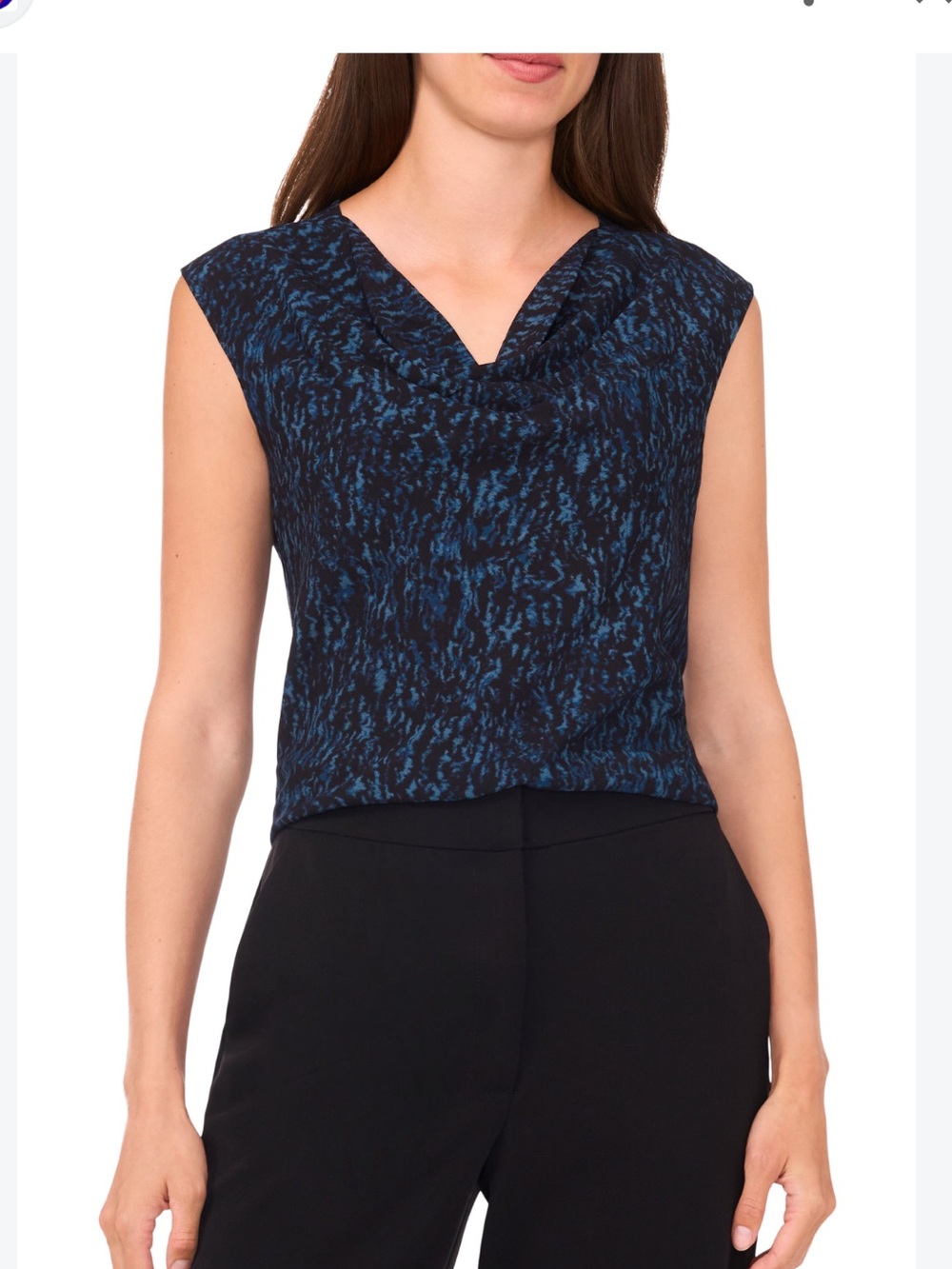 Halogen Sleeveless Navy Blue Patterned V-Neck Top